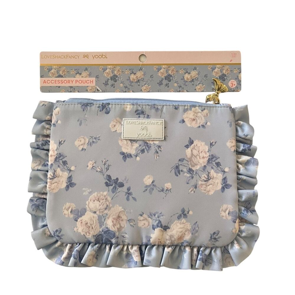LoveShackFancy Yoobi Womens Ruffled Floral Accessory Pouch Blue NWT